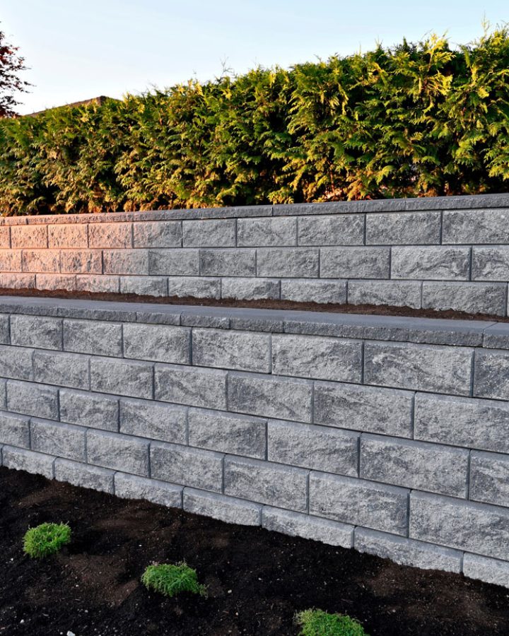 A sturdy, multi-tiered retaining wall constructed from gray stone blocks, featuring a flat top for seating and planting. The wall is surrounded by fresh soil and newly planted greenery, with a backdrop of dense evergreen shrubs and a red tree, showcasing professional hardscaping.